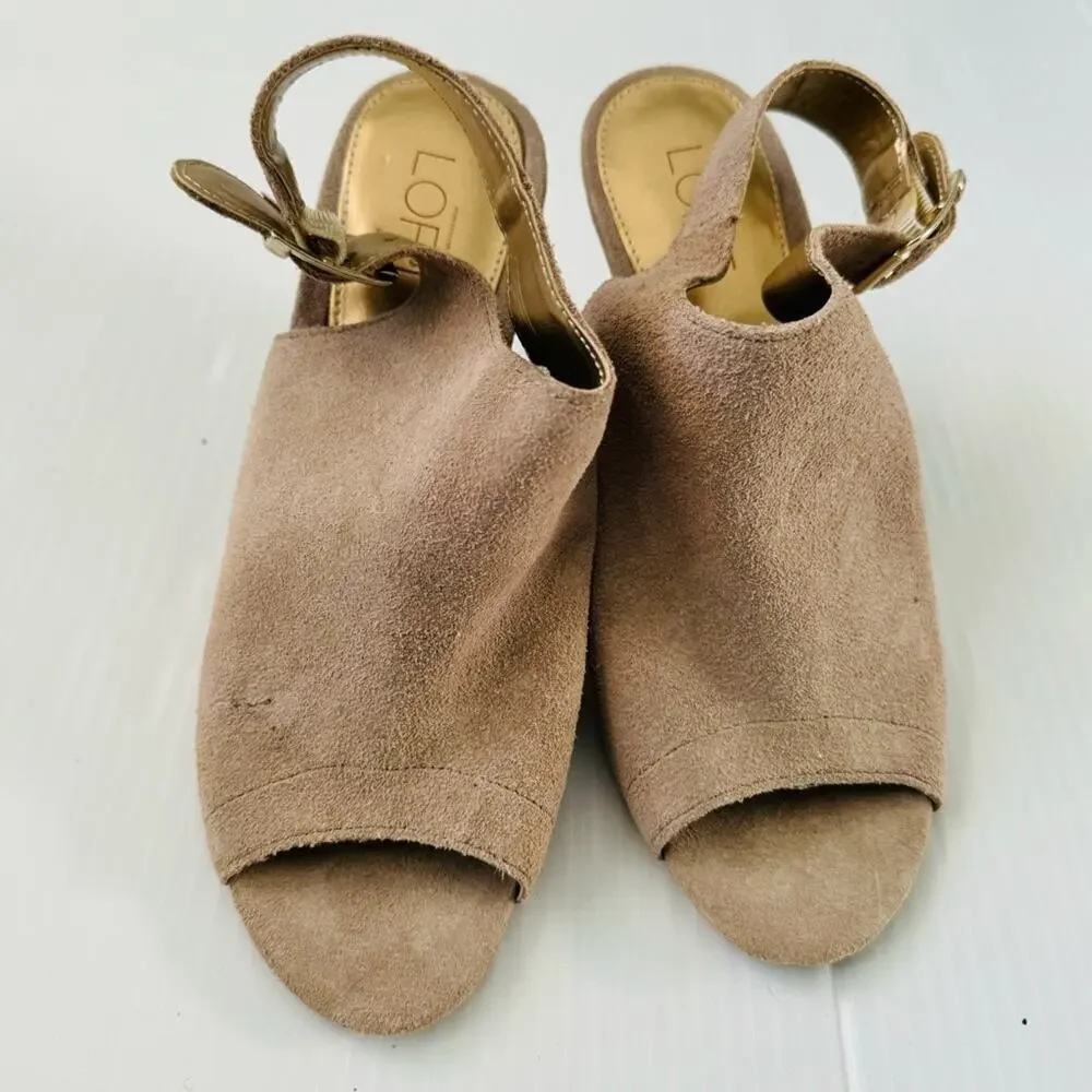 NWOT Ann Taylor Loft suede peep toe wedges tan size 7 stacked heel